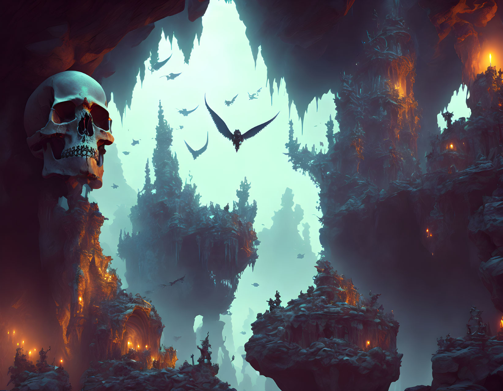 Surreal cave with floating islands, giant skull, bird, light, mist, fires