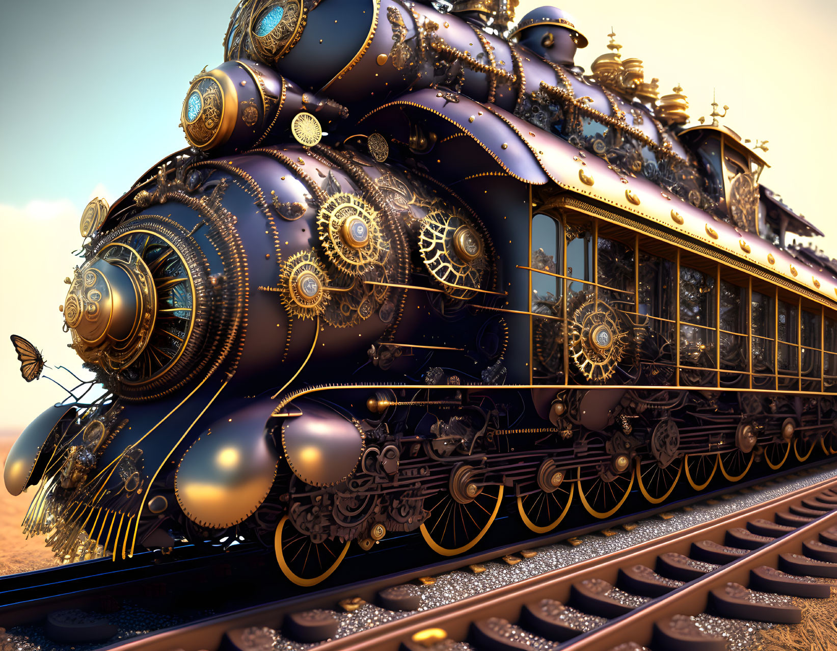 Intricate Steampunk-Style Train on Desert Railway