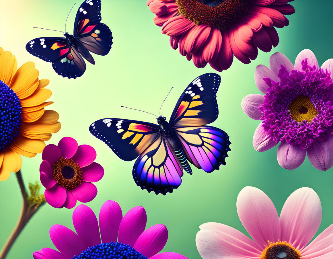 Colorful butterflies and gerbera flowers in soft-focus setting