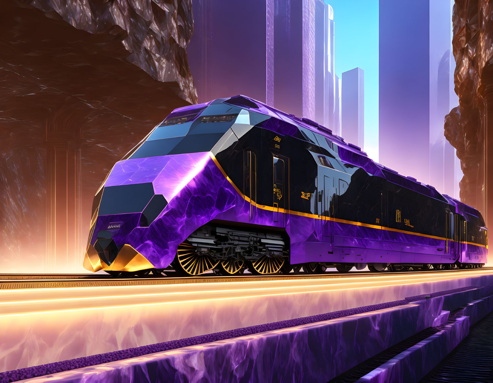 Futuristic train on track between cliffs and buildings illuminated by neon lights