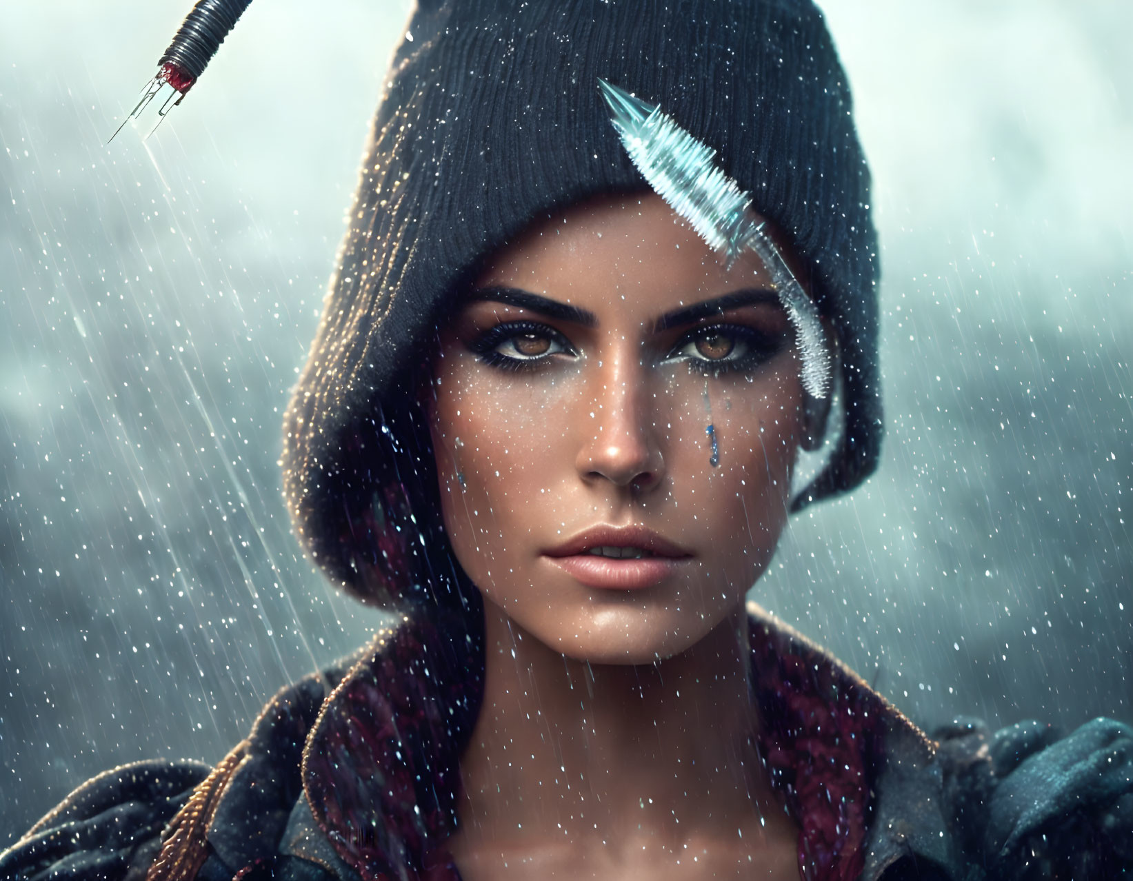 Woman in beanie with striking eyes in rain with water droplets and falling feathers.