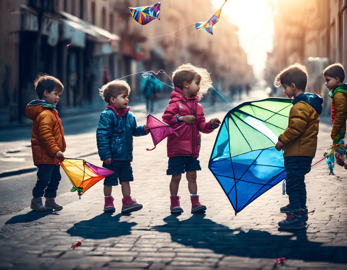 Colorful kites held by children on a city street in warm sunlight