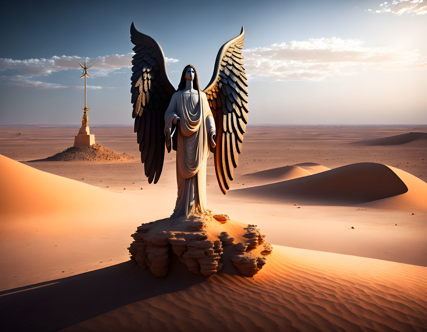 Angel-winged figure statue in desert with golden structure and blue sky