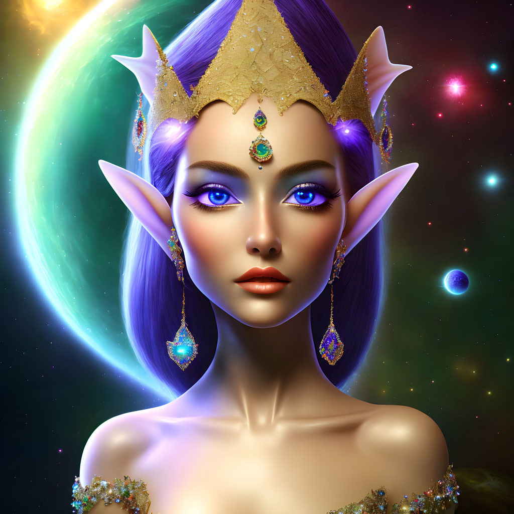 Fantastical elf with blue eyes in cosmic setting with vibrant planets