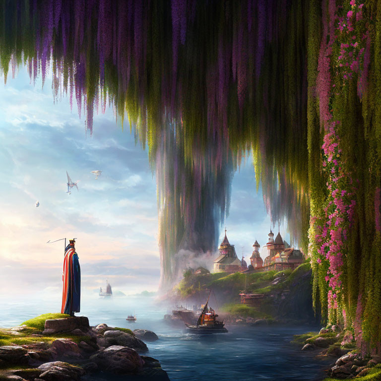 Cloaked Figure Observing Mystical Seascape with Hanging Gardens