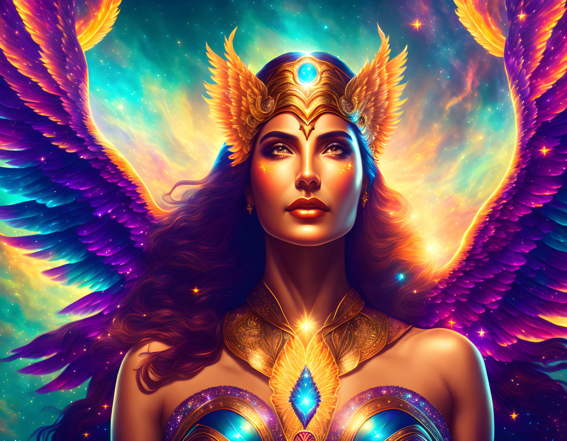 Colorful portrait of a woman in winged headdress and armor against cosmic backdrop.