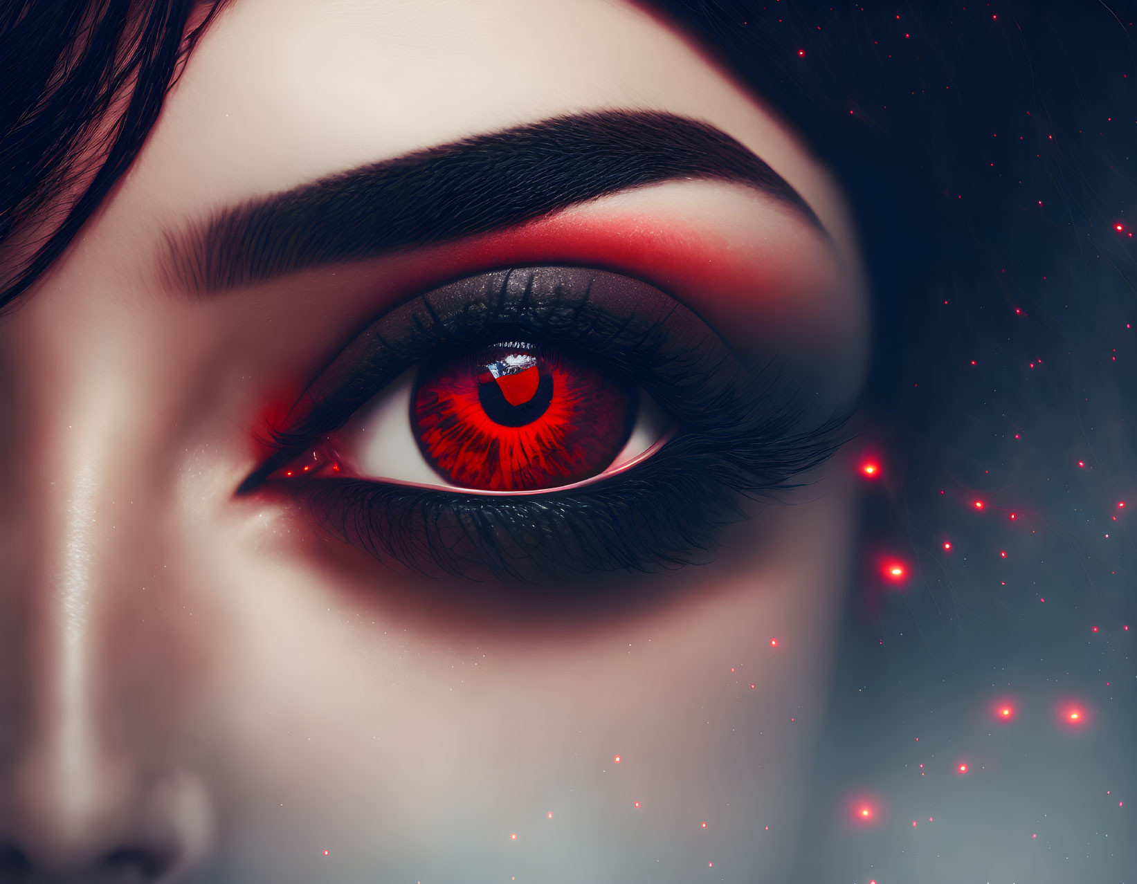 Detailed close-up of person's eye with red makeup and iris, shimmering red particles on dark backdrop