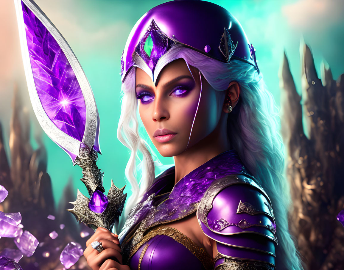 Fantasy elf warrior with purple eyes and amethyst blade in mystical setting