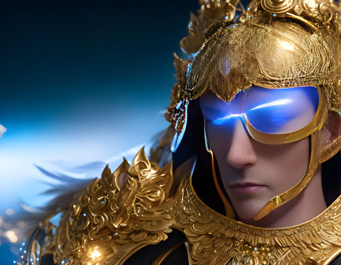 Intricate Golden Helmet with Glowing Blue Visor