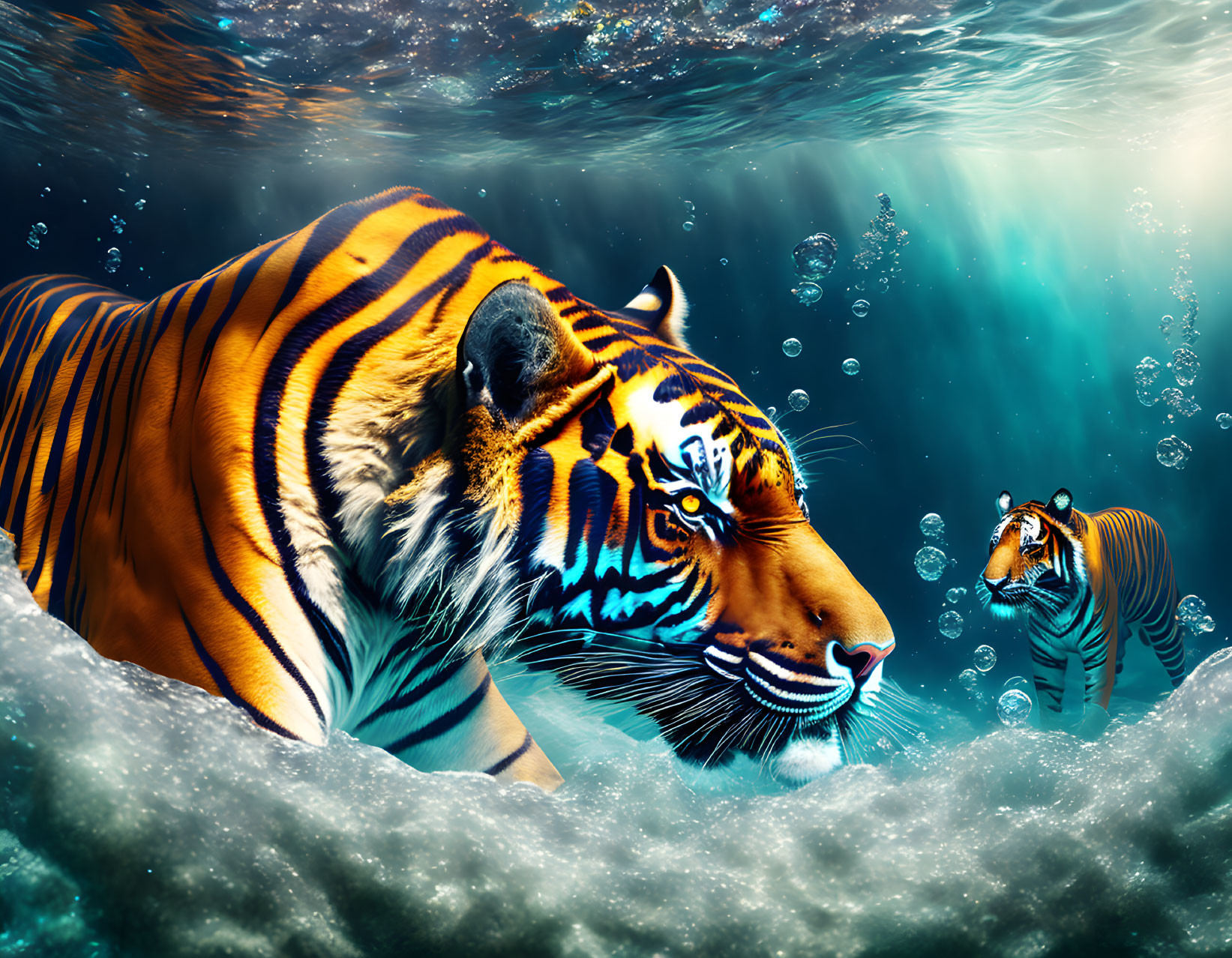 Vibrant tigers swimming underwater with bubbles and light filtering through