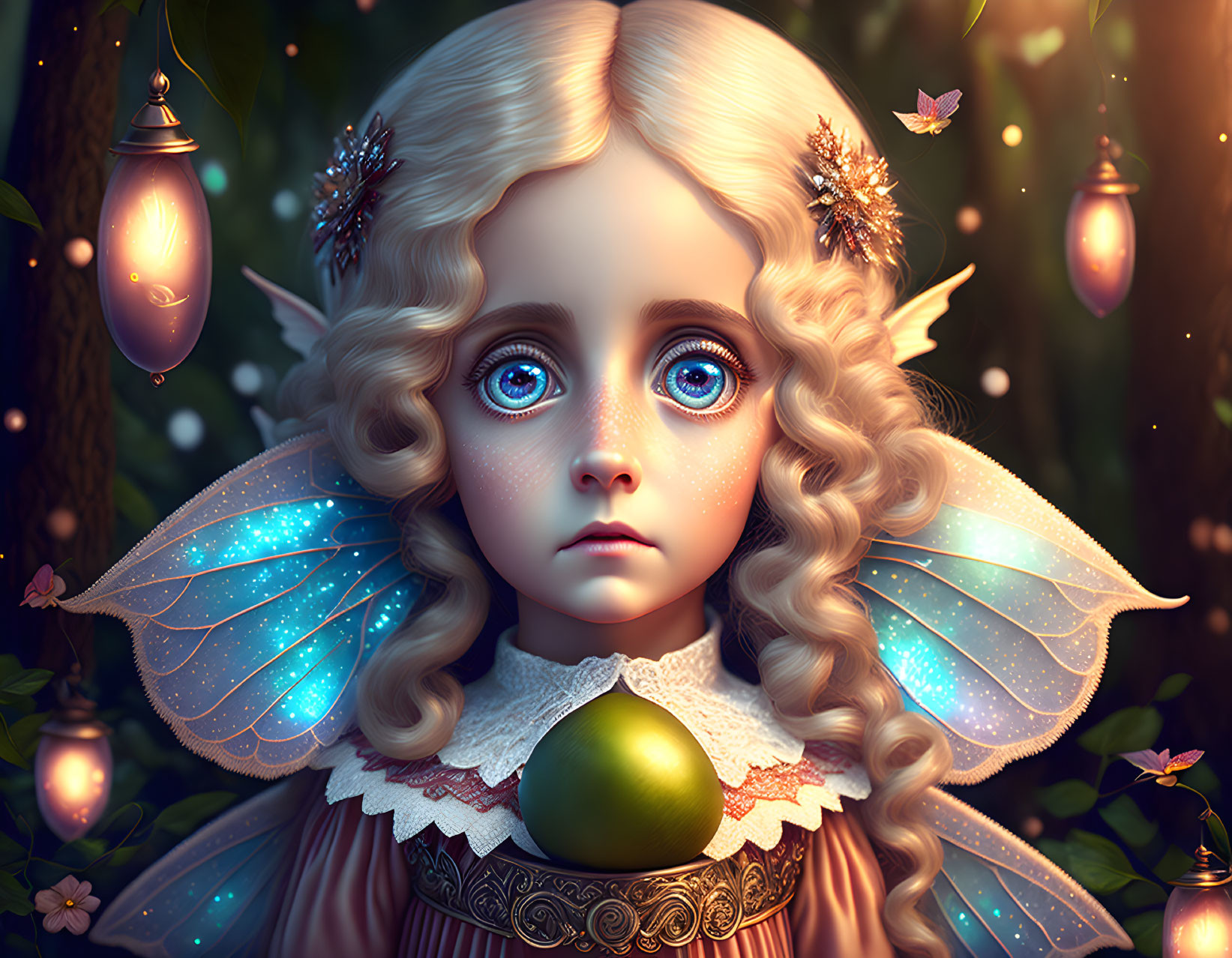 Fantasy illustration of girl with blue eyes, butterfly wings, and lanterns in enchanted forest