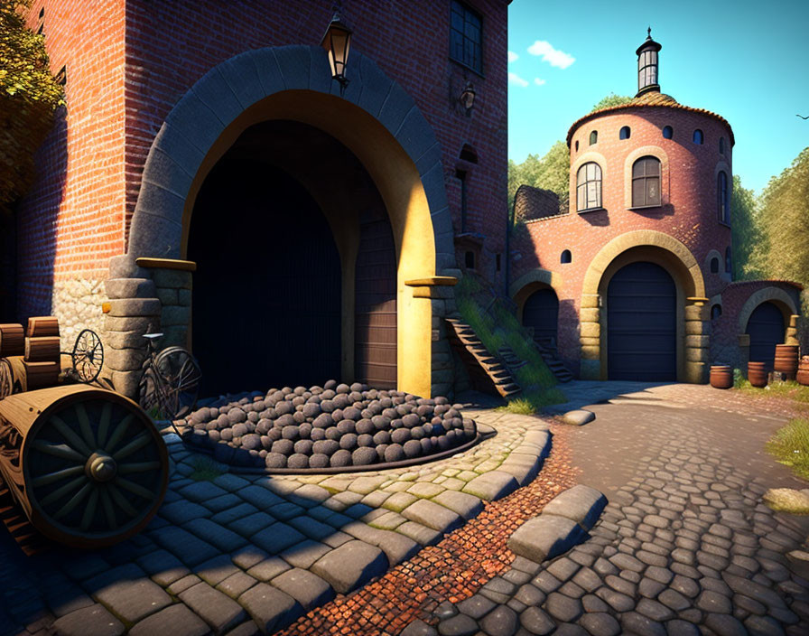 Cobblestone Street with Wooden Cart and Brick Buildings