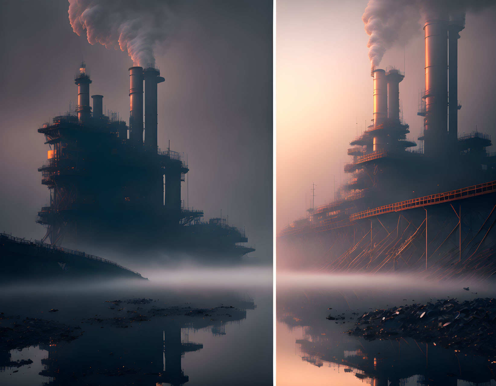 Pollution from industrial smokestacks in misty atmosphere over water at dawn or dusk