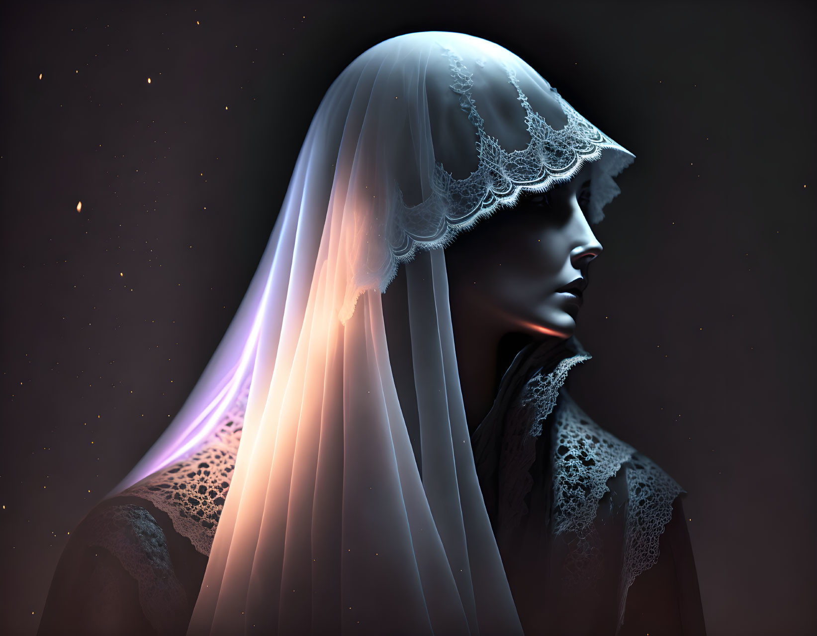 Ethereal glow: Person in profile with lace veil against starry backdrop