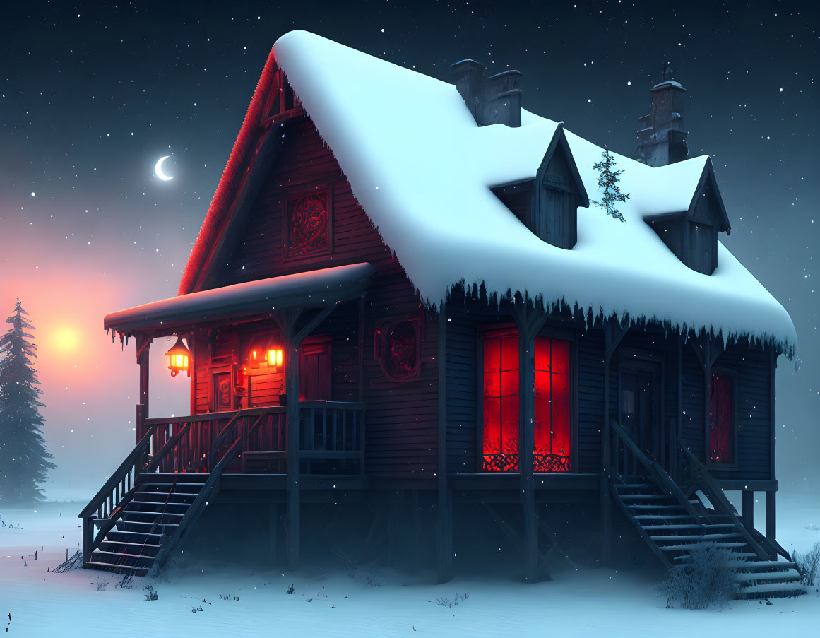 Snow-covered wooden cabin at night with glowing windows and crescent moon