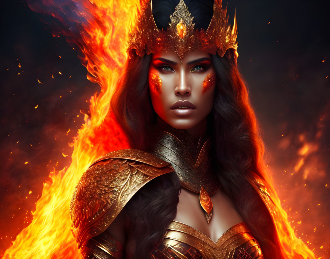 Fiery-winged woman with crown in golden armor and flames