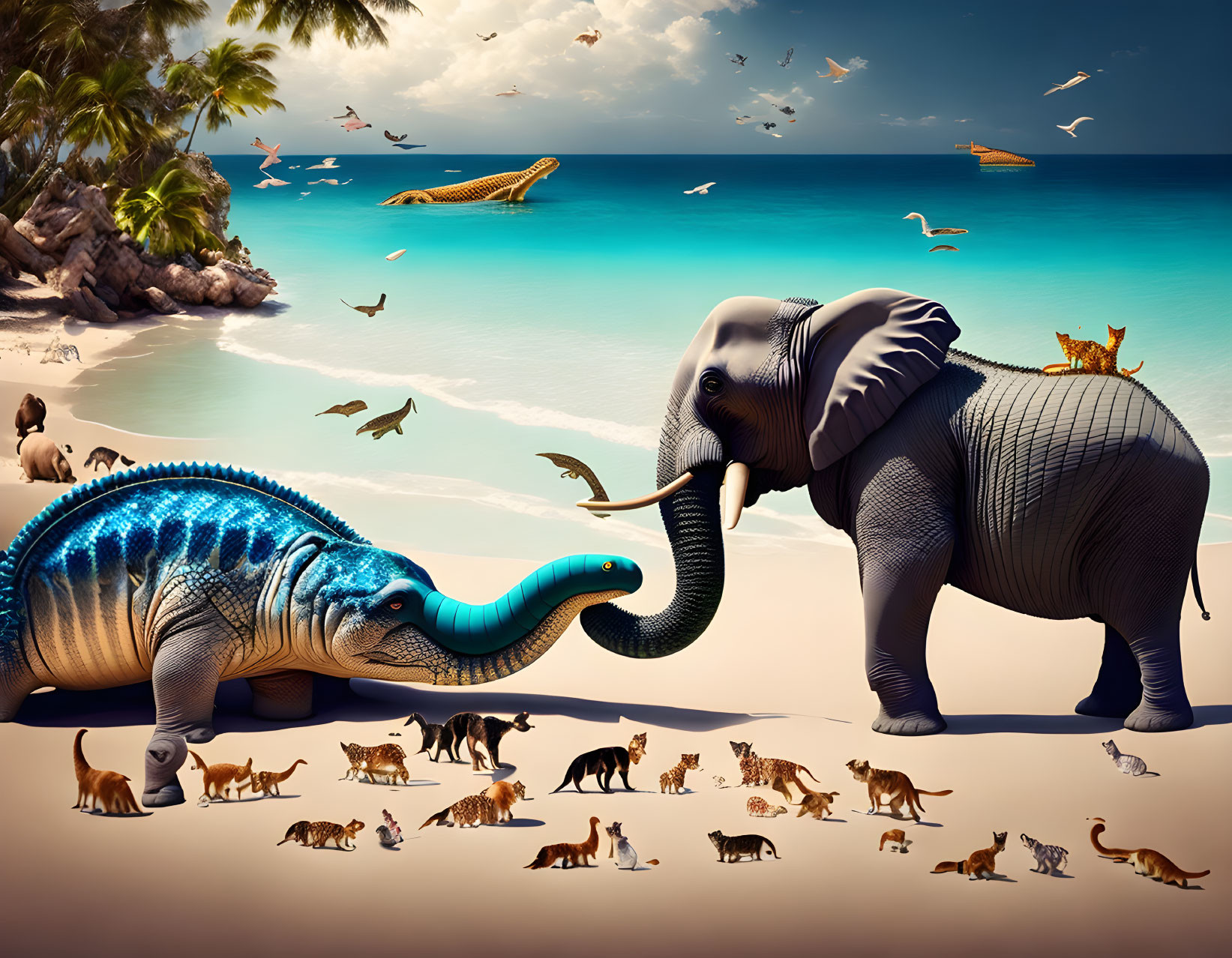 Colorful dinosaur and elephant on beach with cats and palm trees