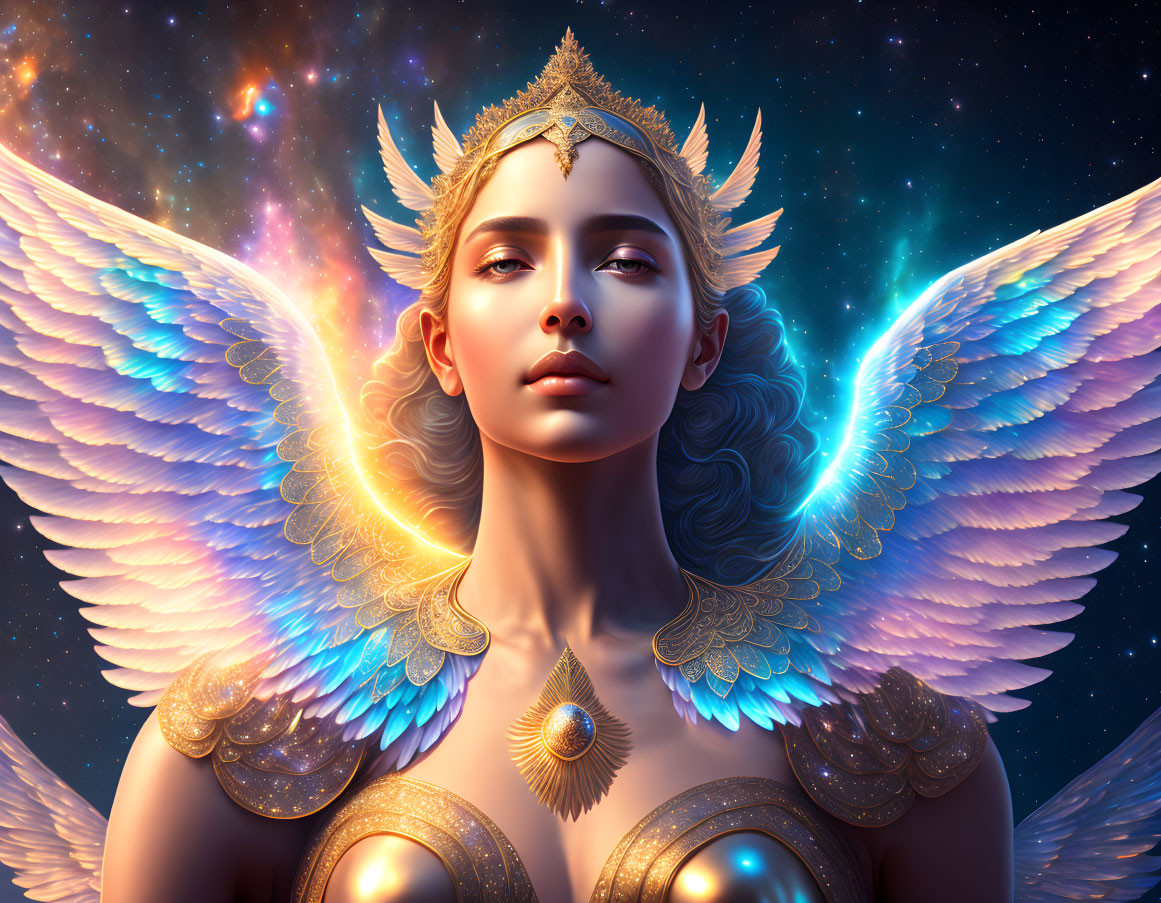 Majestic angelic figure with glowing blue wings and golden armor