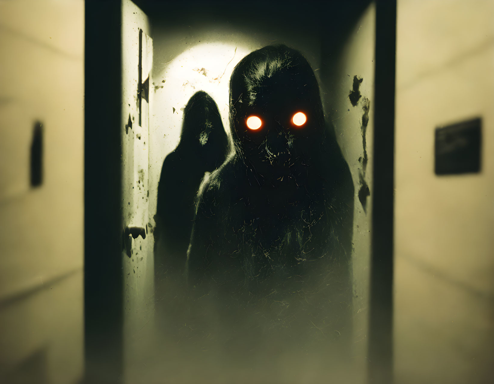 Mysterious Figure with Glowing Red Eyes in Dark Corridor