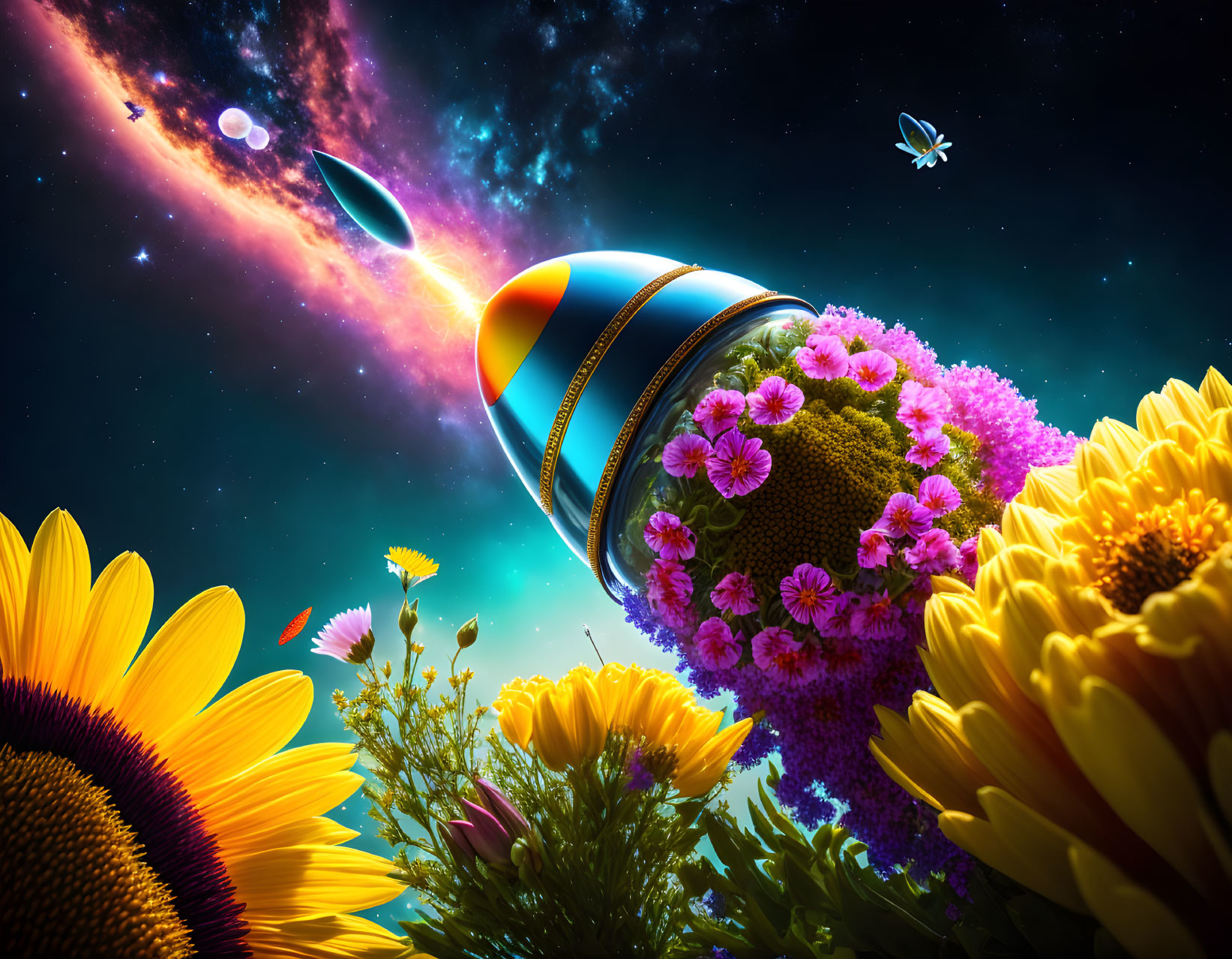 Rocket flying over lush flower-covered planet in vibrant space scene