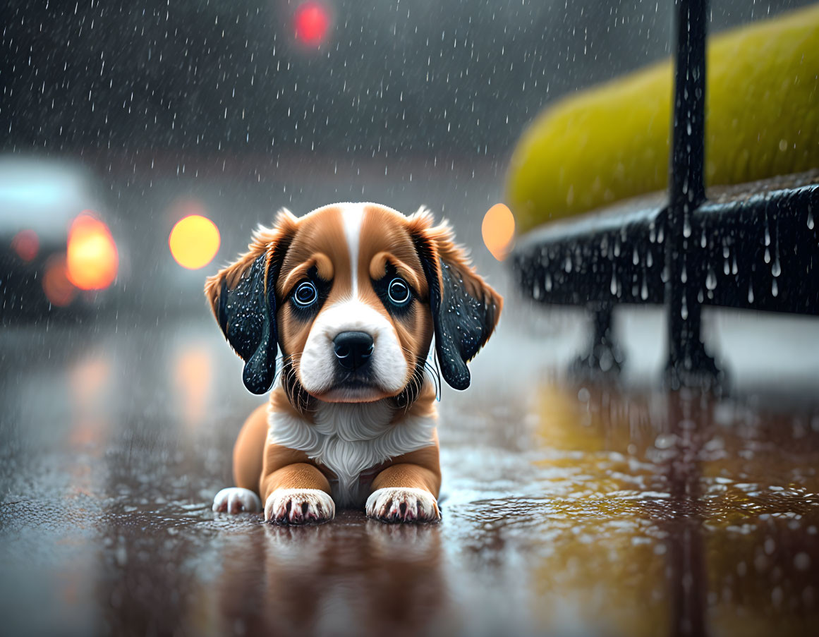 Adorable puppy with droopy ears in the rain on wet street