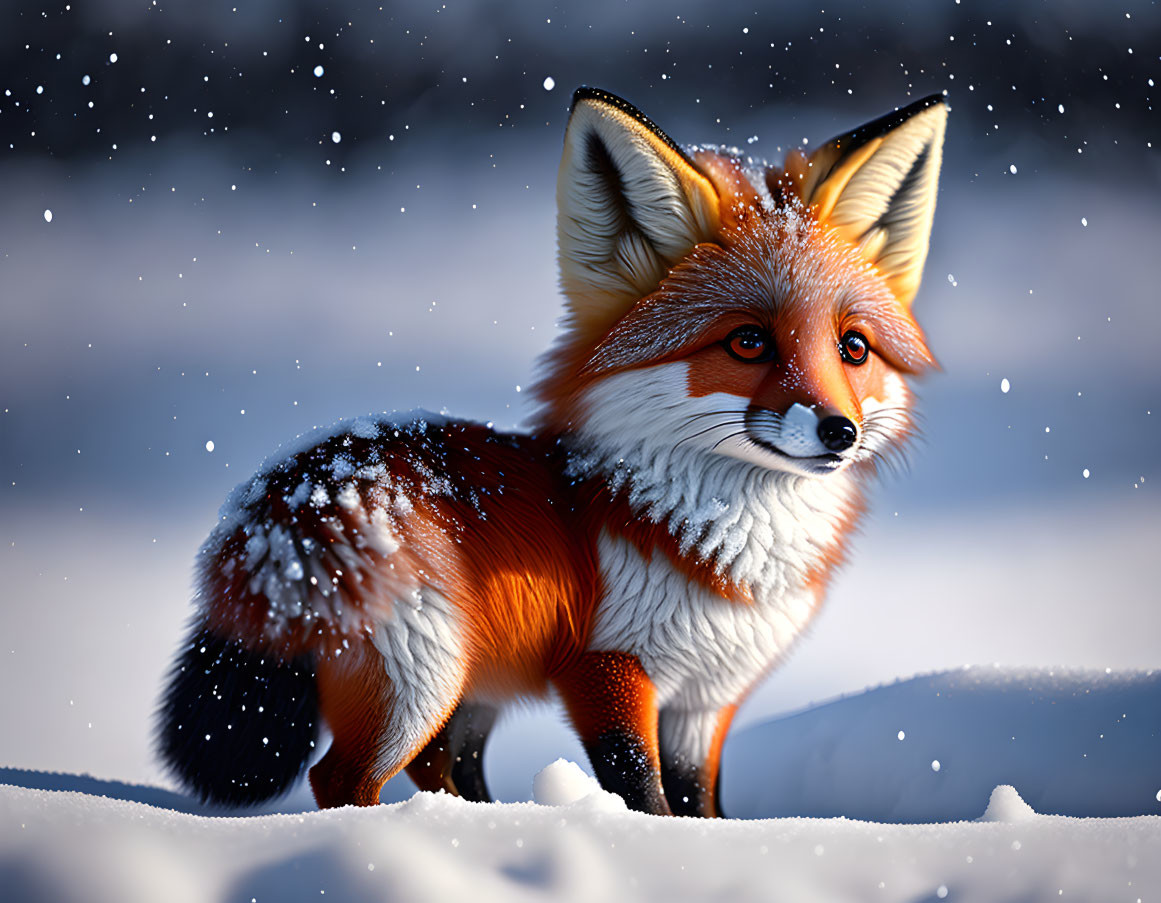 Red Fox in Snowy Landscape with Falling Snowflakes