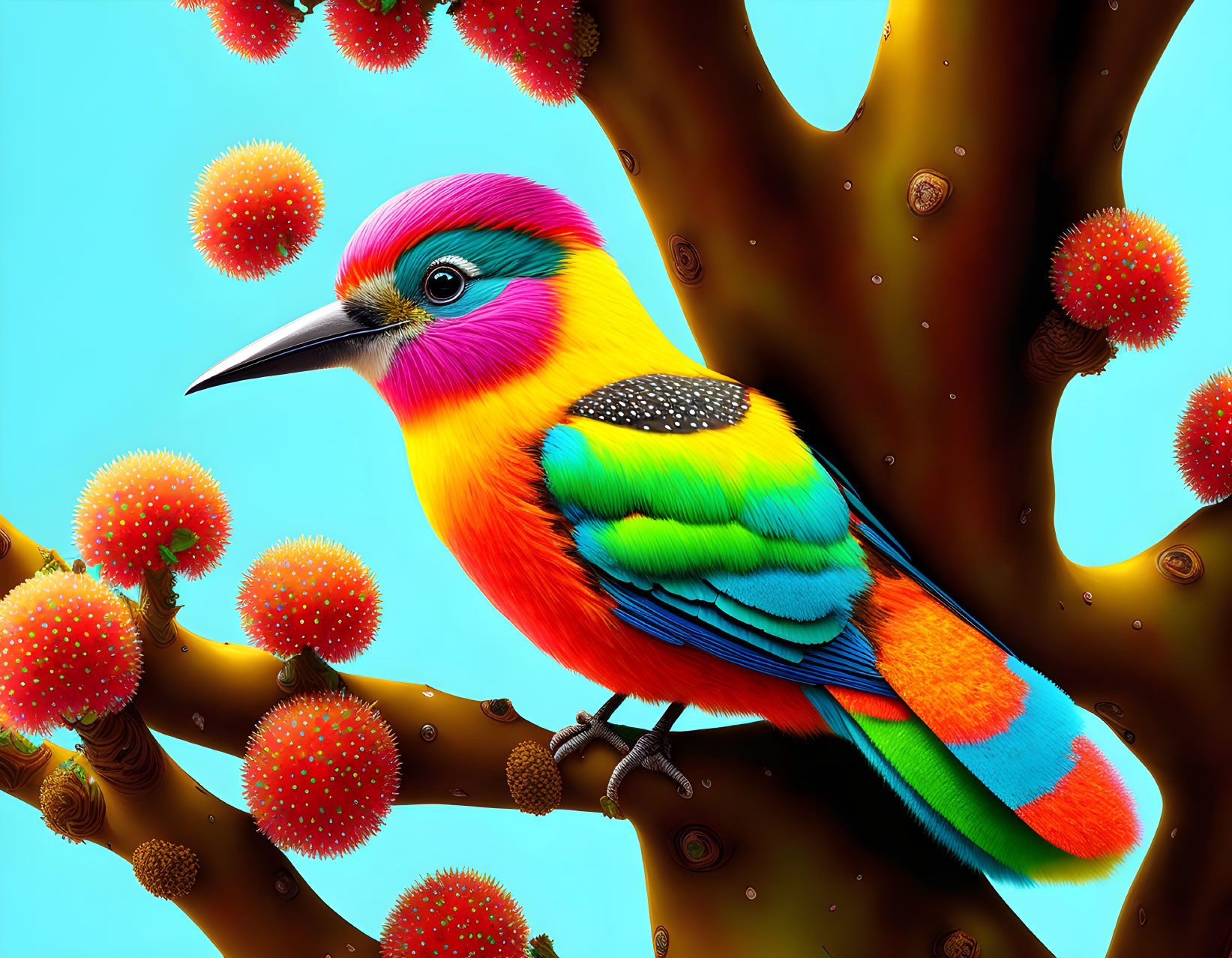 Colorful Rainbow Bird Perched Among Orange Blossoms