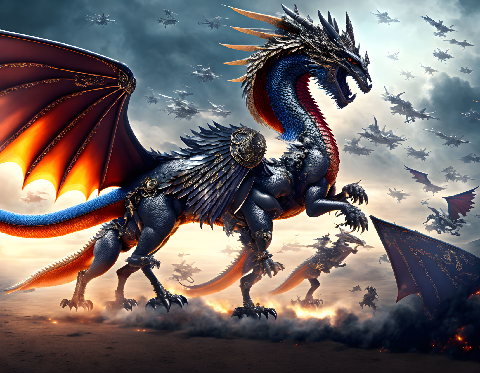 Blue Dragon in Armor Leads Fleet of Dragon-Riders