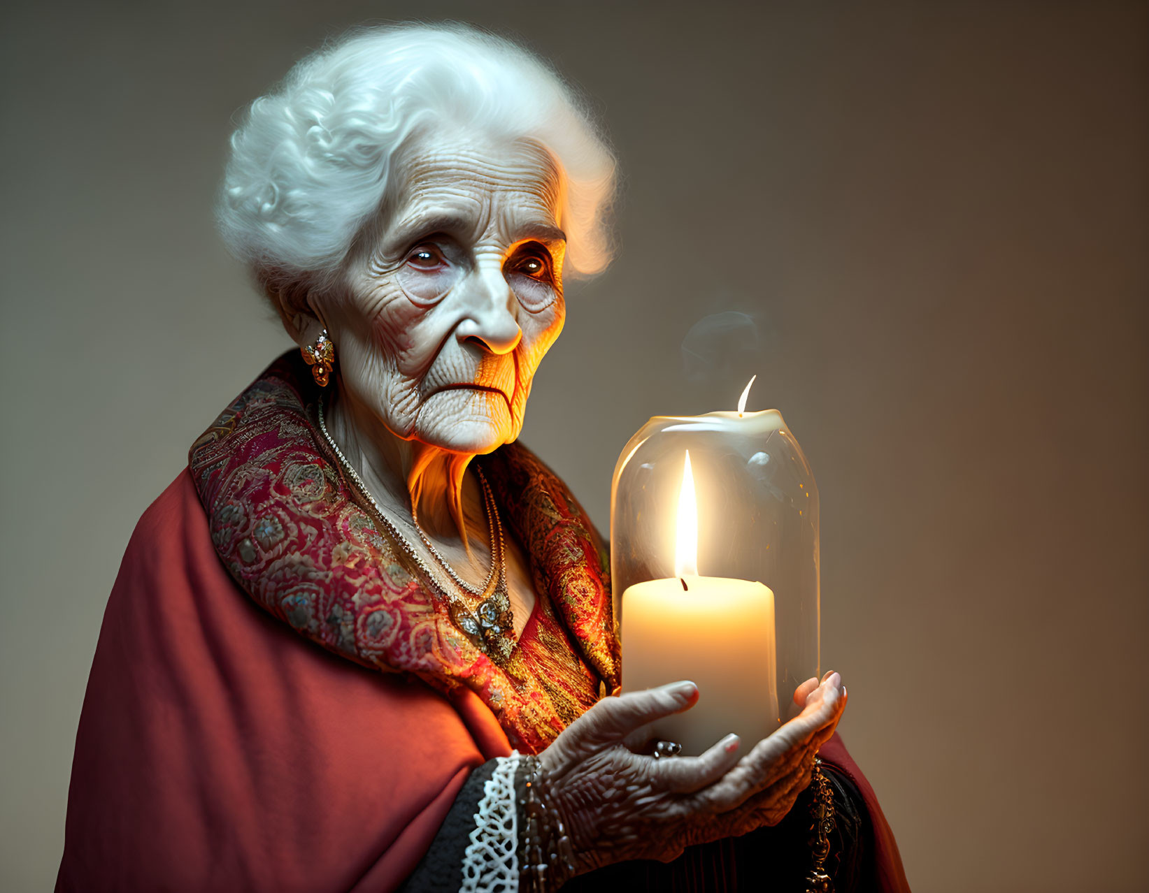 Elderly woman with white hair holding a lit candle in lantern, wearing red shawl and vintage