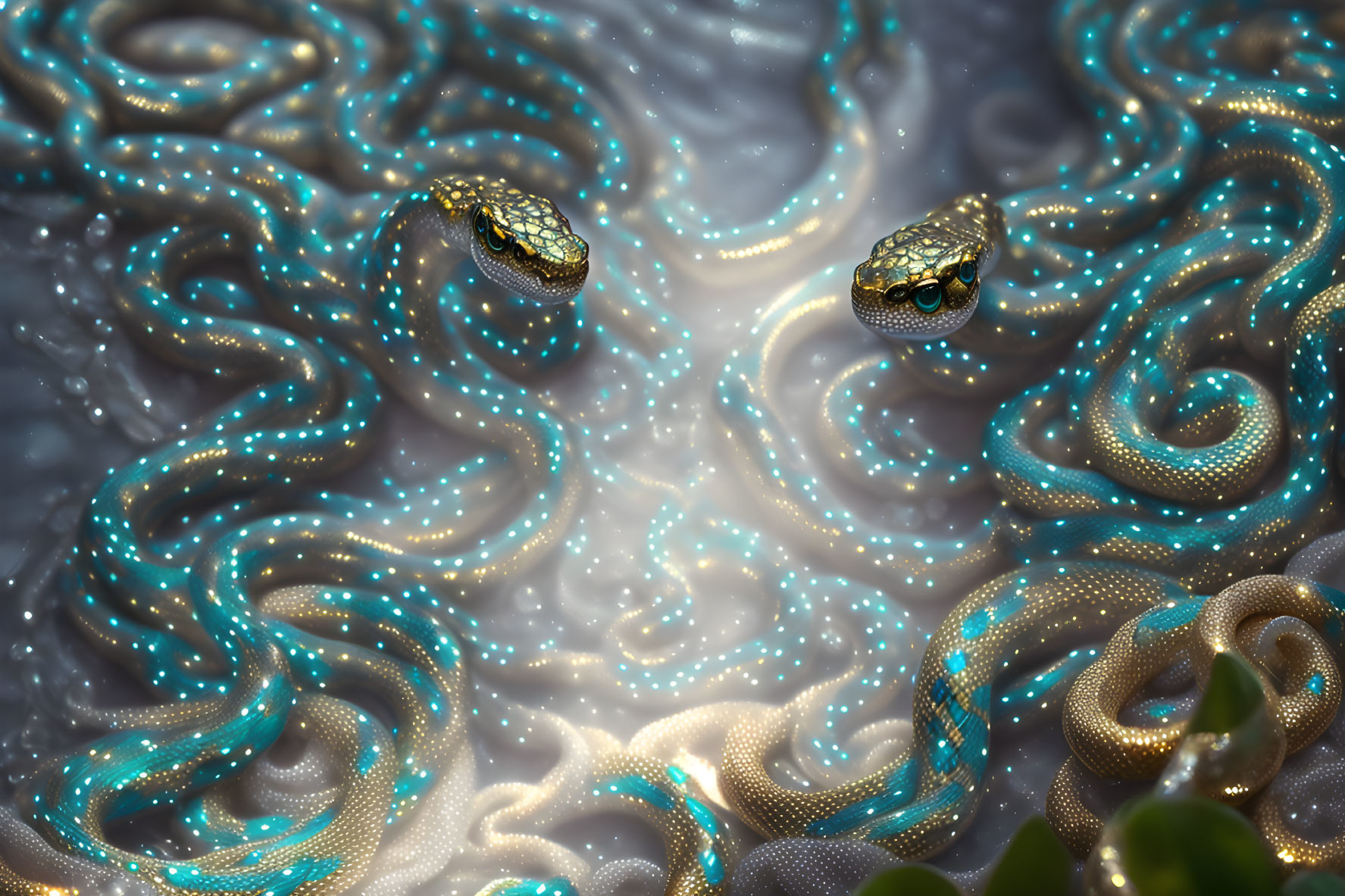 Shimmering snakes with glowing blue spots on mystical background