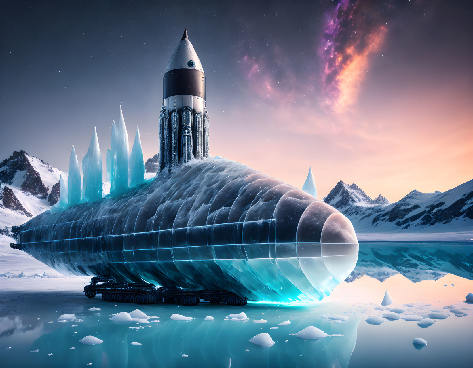 Futuristic rocket on crystalline structure in snowy landscape