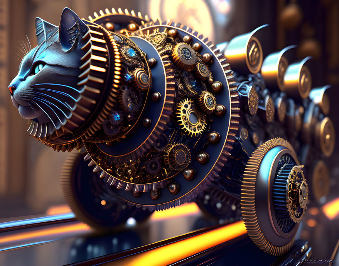 Detailed digital art: mechanical cat with gears on futuristic backdrop