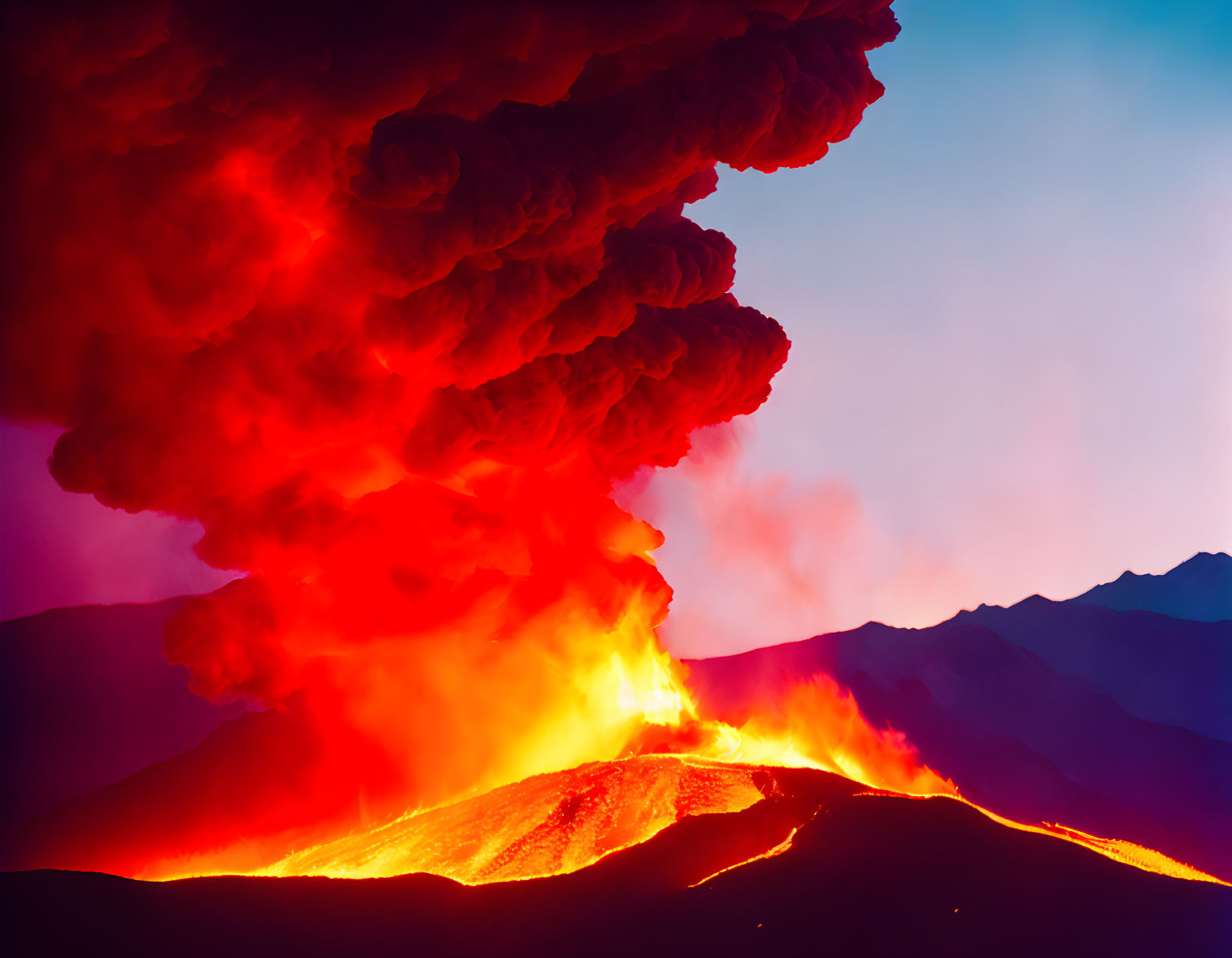 Vibrant red and orange lava eruption with dark smoke over mountain silhouette