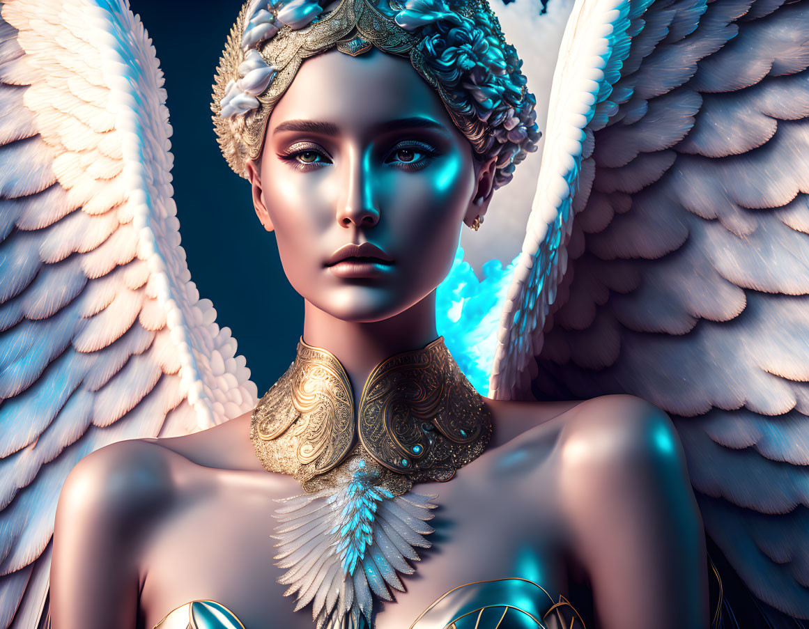 Digital Art: Angelic Figure with Blue Eyes and Golden Accessories