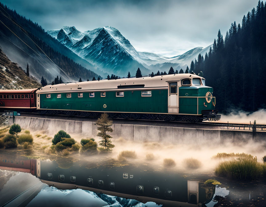 Vintage Train Crossing Bridge in Misty Mountain Landscape