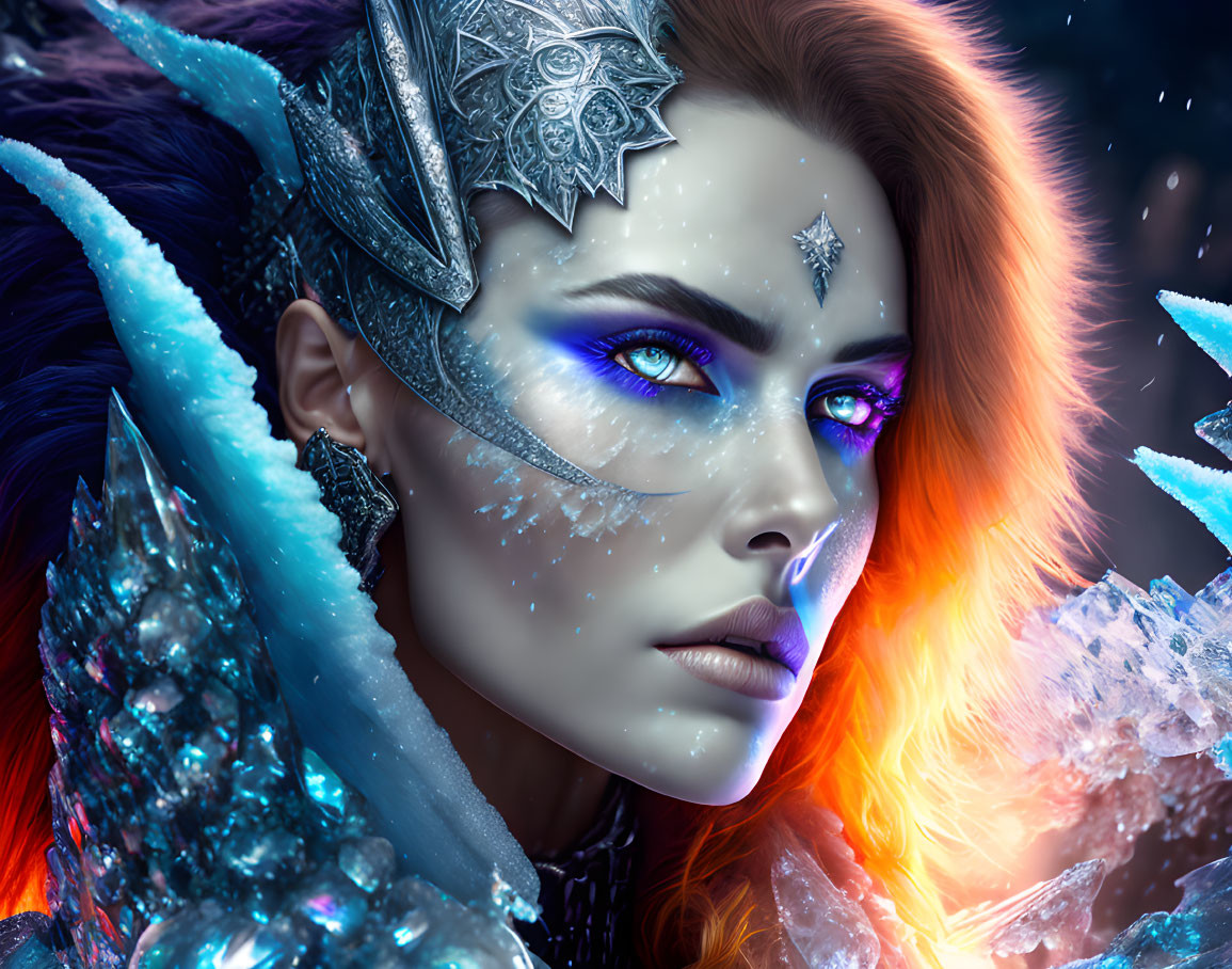 Fantasy portrait of a woman with blue eyes, glitter, crystals, and icy backdrop