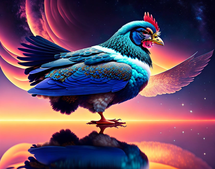 Majestic bird in blue and gold on cosmic background