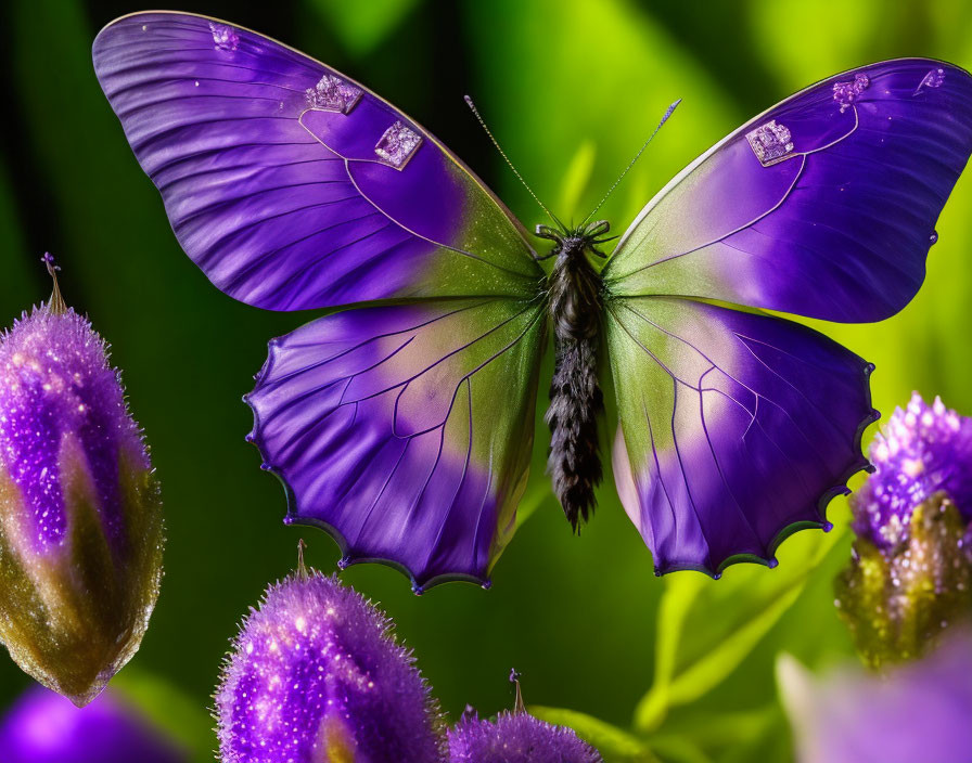 Purple butterfly on flower in lush setting