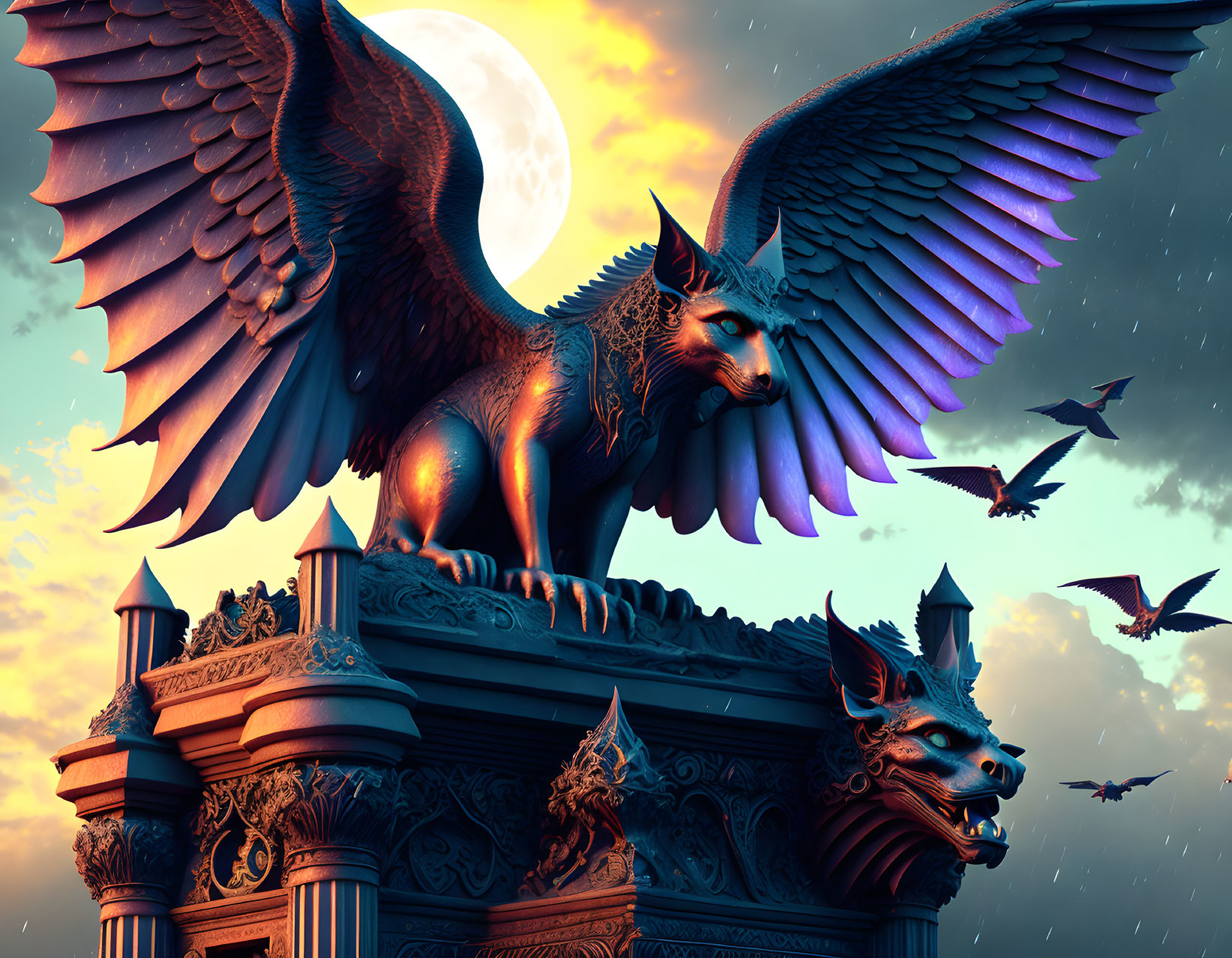 Majestic griffin on ornate column under twilight sky