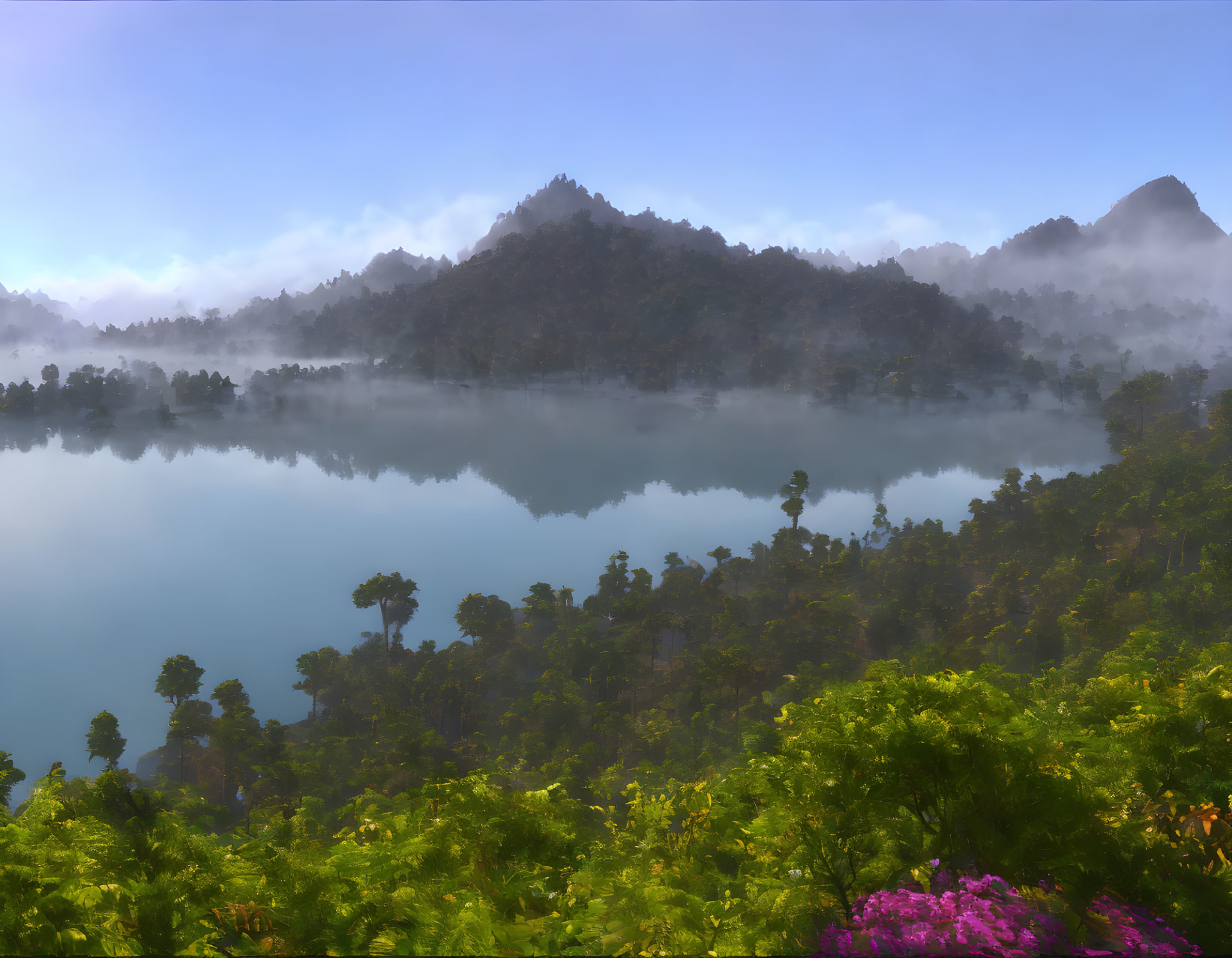 Tranquil lake surrounded by lush greenery and misty mountains