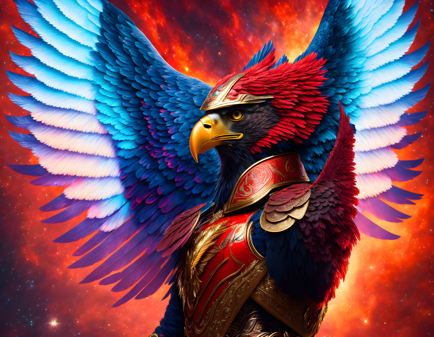 Stylized majestic eagle in vibrant blue and red feathers against fiery cosmic backdrop