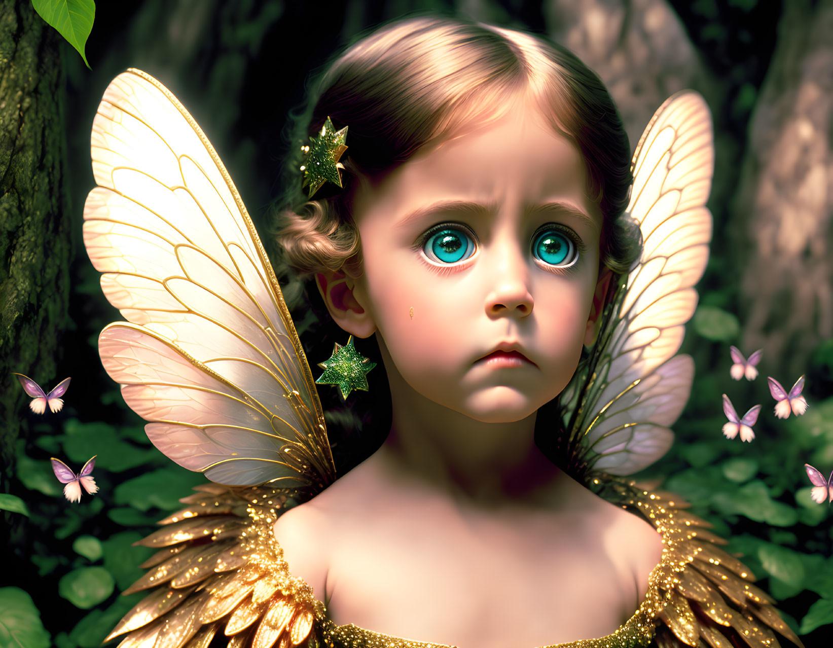 Digital artwork of child with blue eyes, gold fairy wings, in forest with butterflies