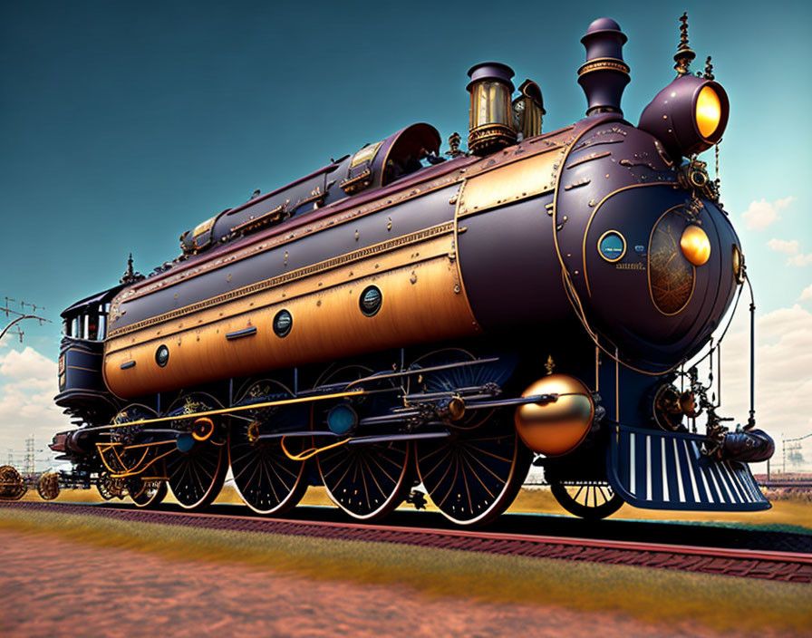 Steampunk-style locomotive digital artwork with brass detailing under clear blue sky