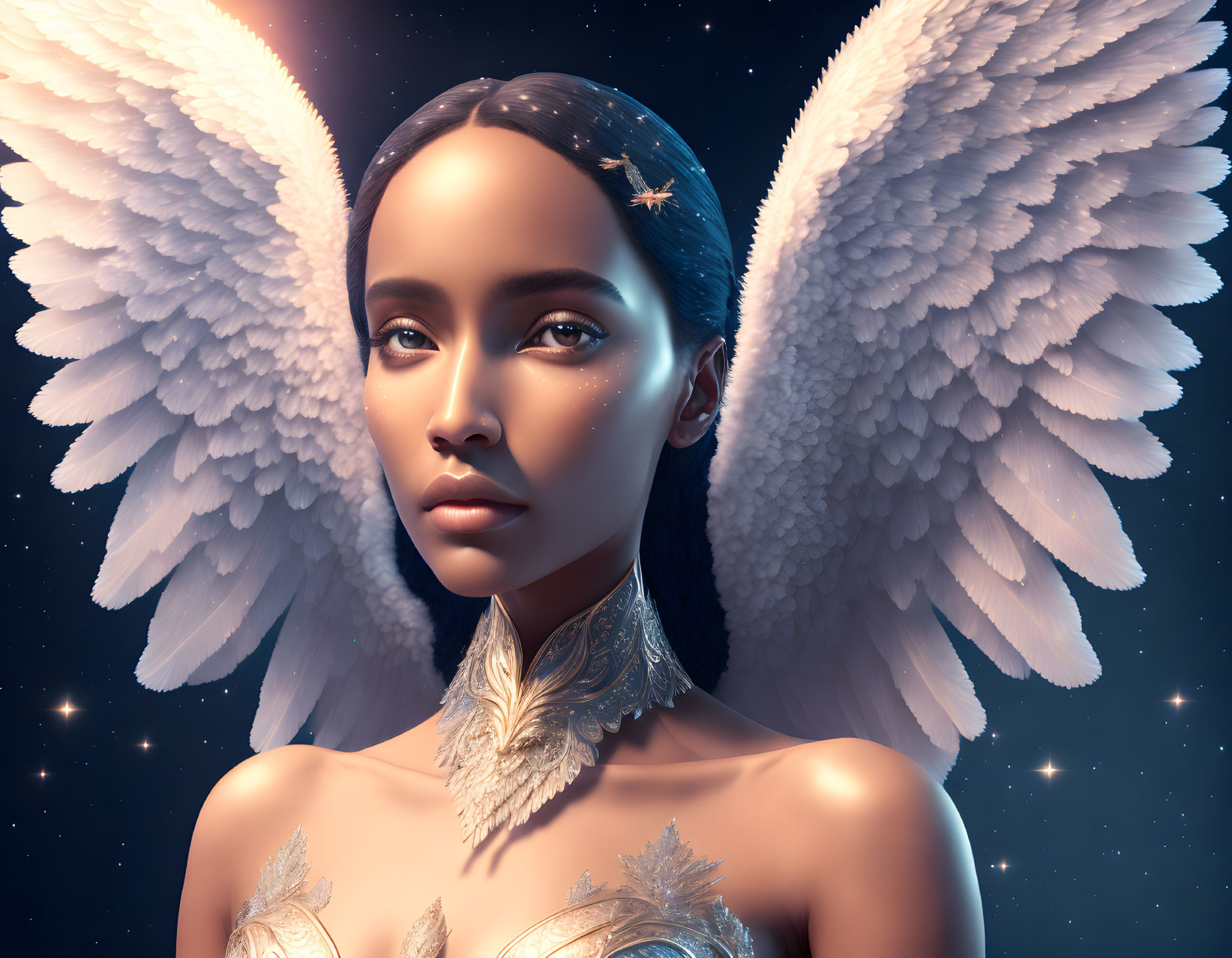 Angel-winged woman in celestial setting with feather details and starry backdrop