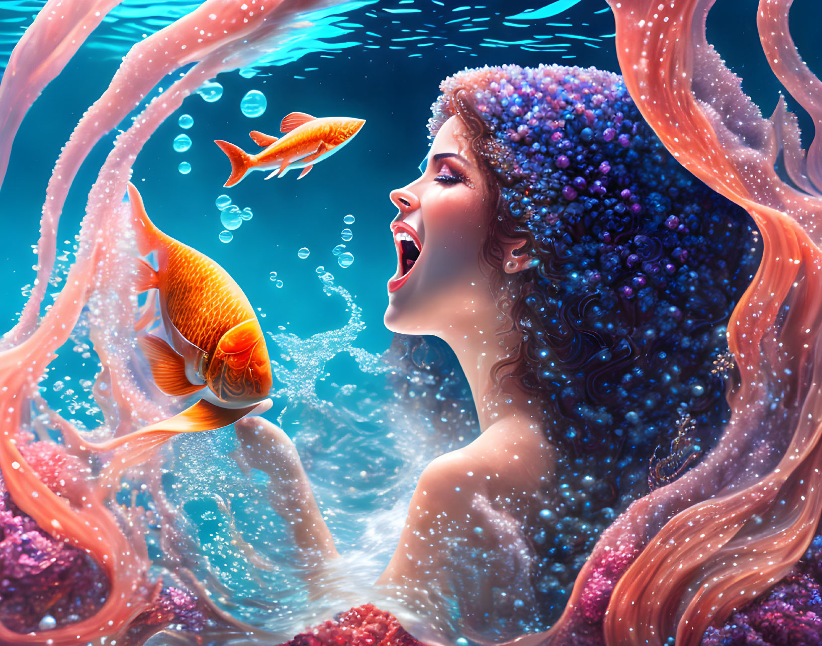 Woman with Flowing Hair Underwater Playing with Orange Fish and Bubbles