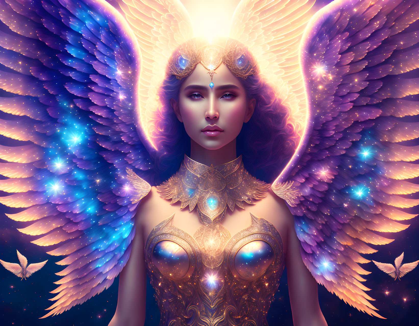 Mystical woman with iridescent wings and golden armor in cosmic setting