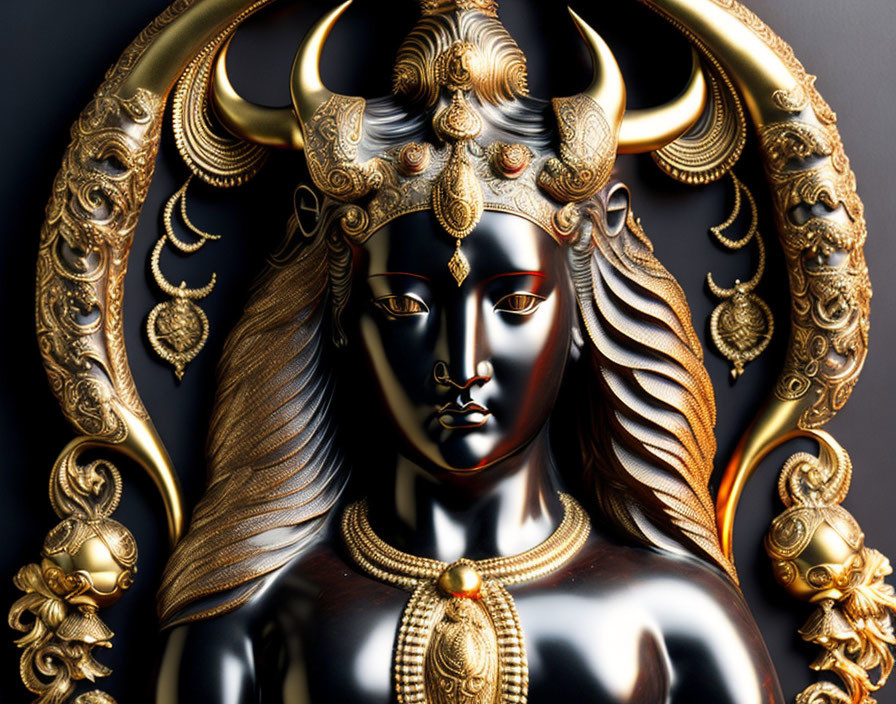 Golden and Black Hindu Goddess with Multiple Arms and Intricate Jewelry