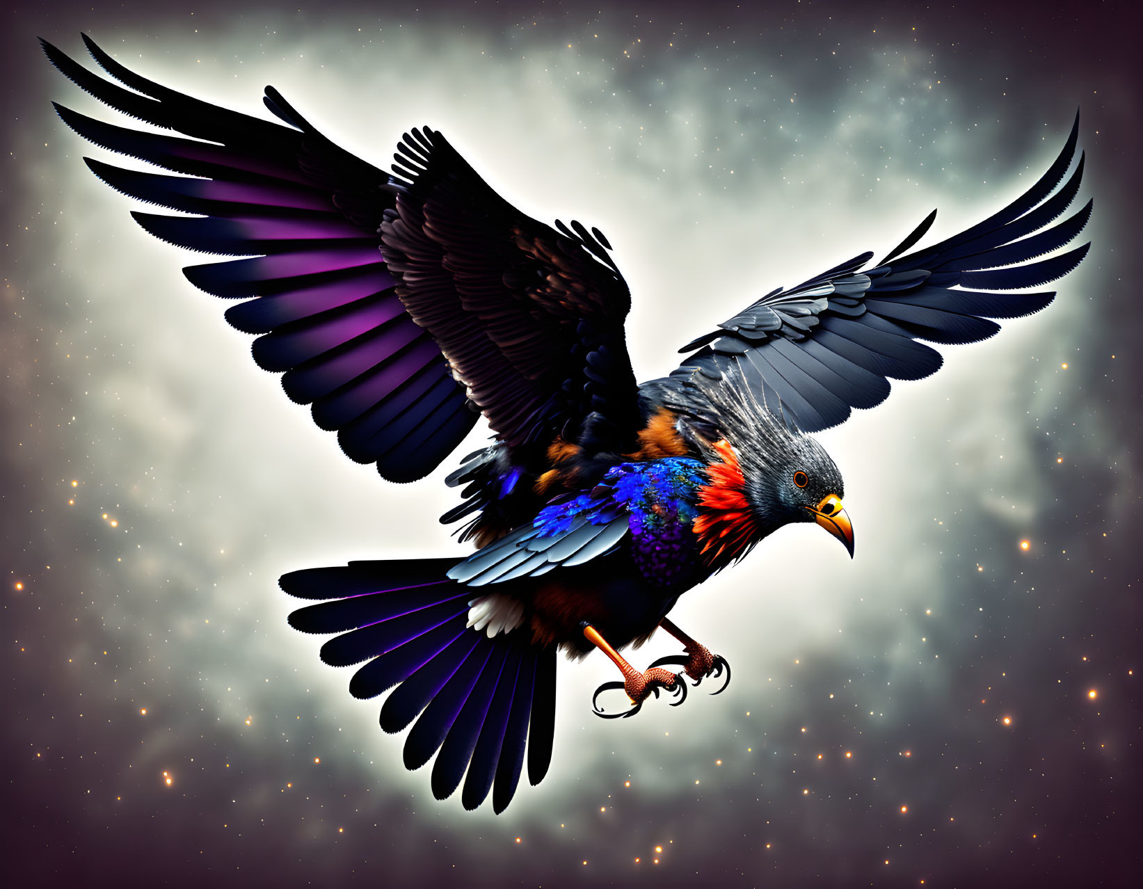 Colorful Eagle-Parrot Hybrid Bird Flying in Starry Sky