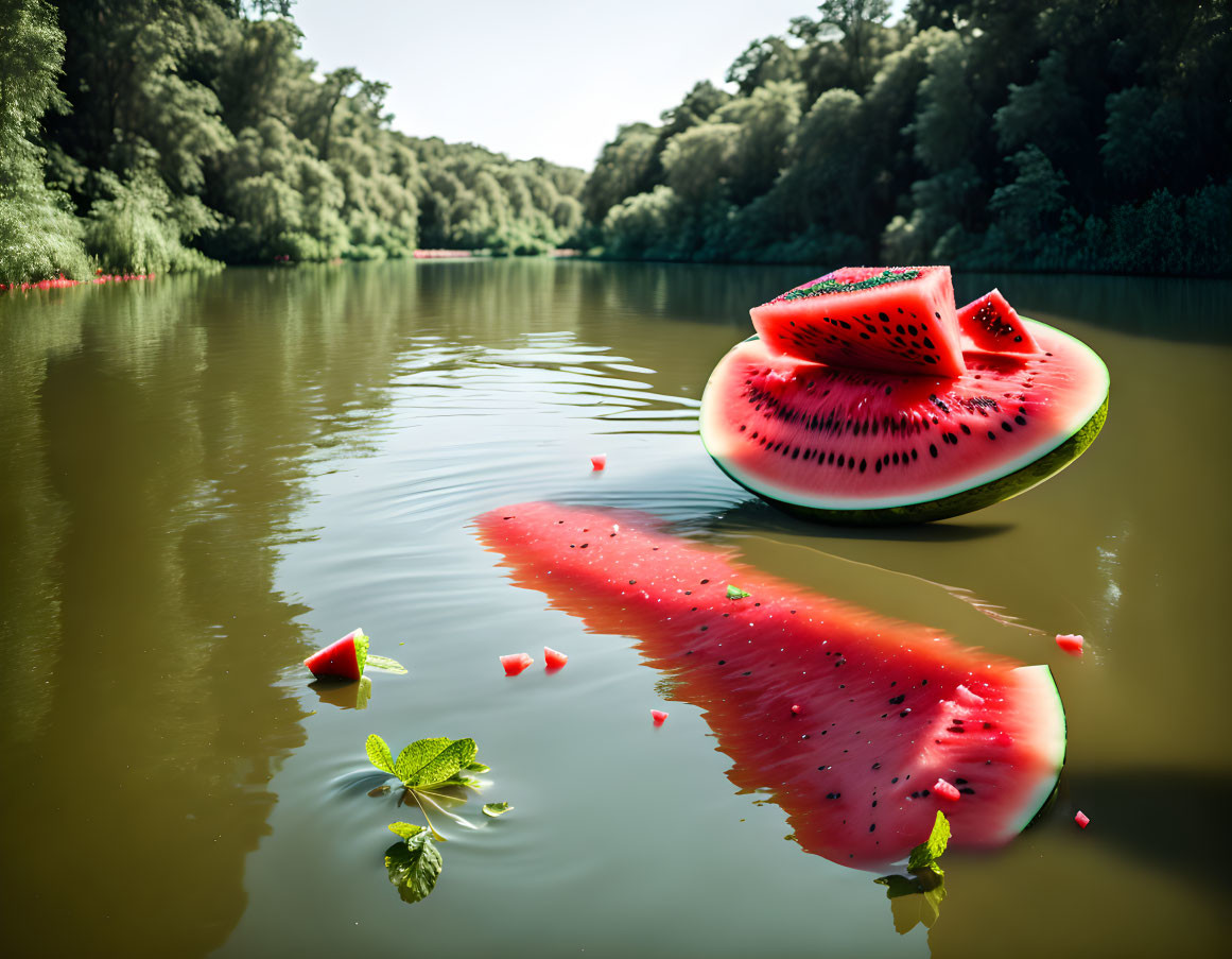 Juicy watermelon slice floating on serene river with forest background