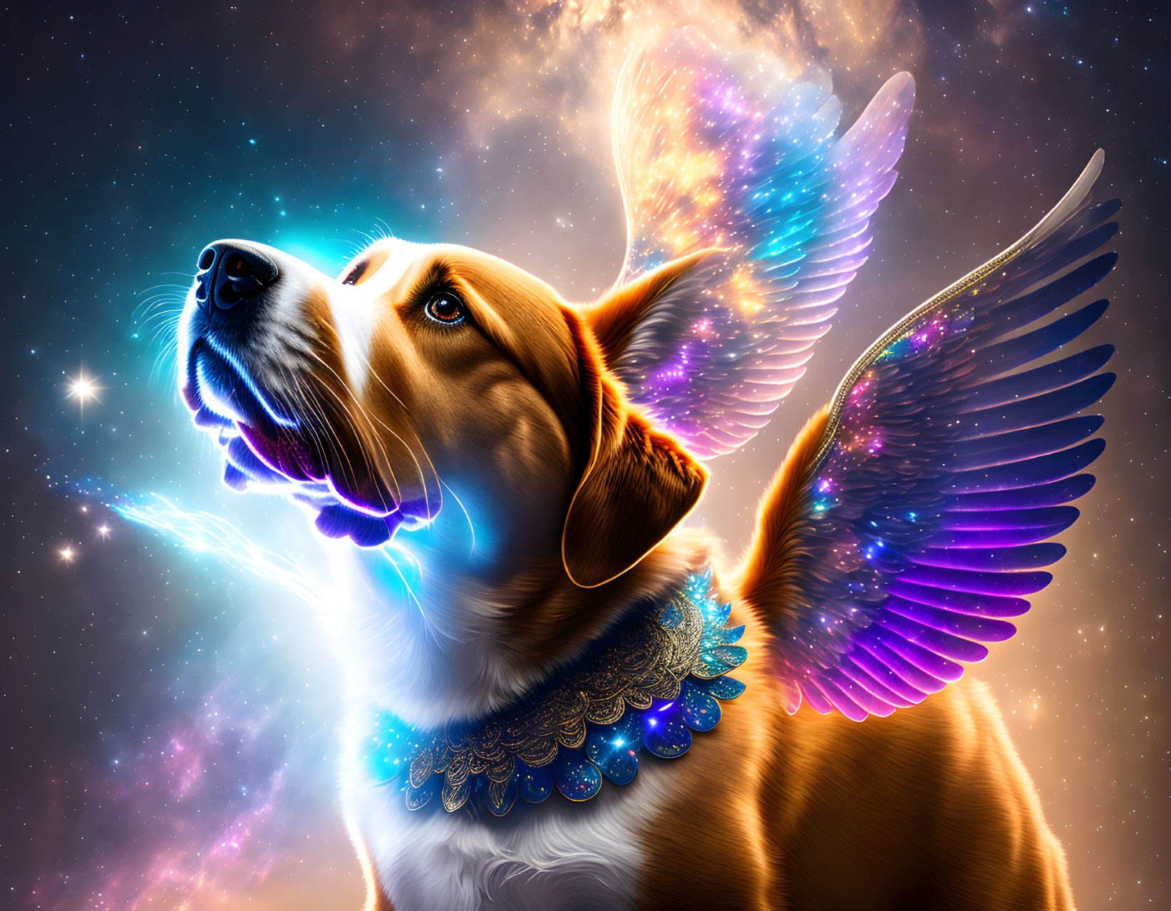 Colorful Winged Dog with Glowing Collar in Cosmic Background